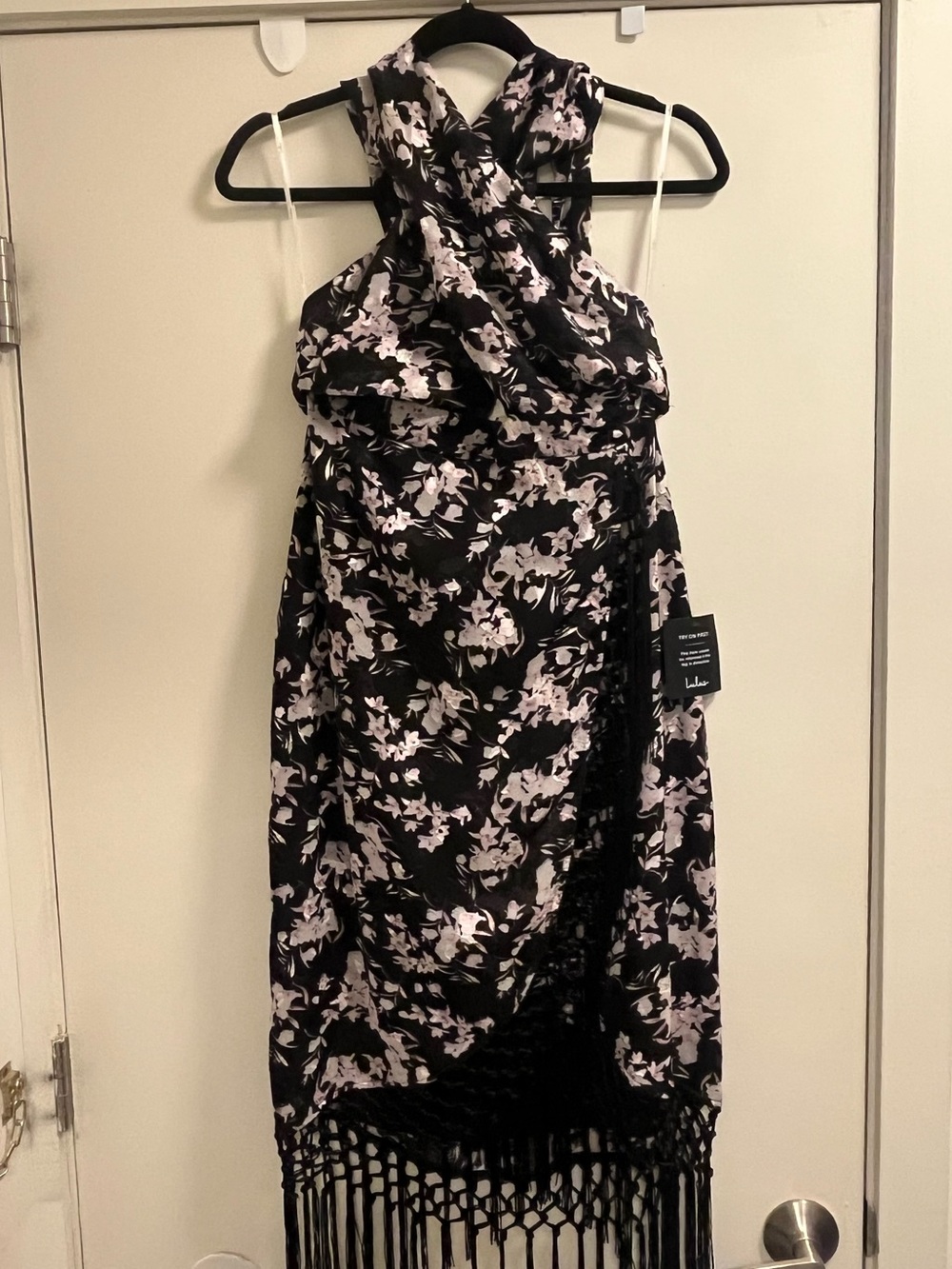 Lulu’s Black & Purple Floral Halter Dress with Fringe- NWT, size L